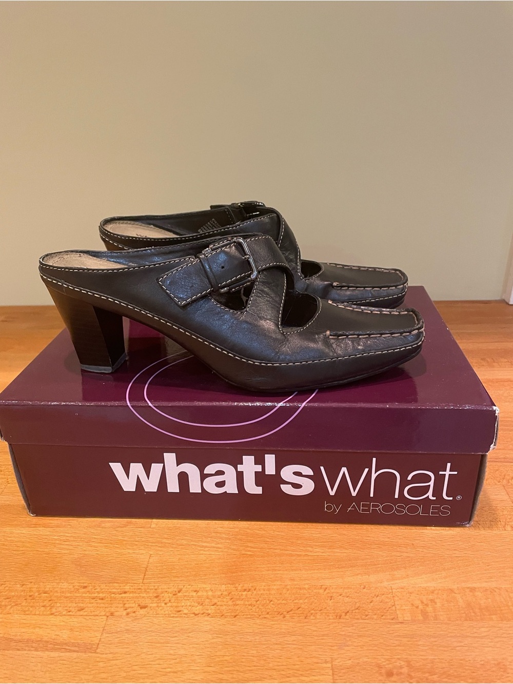 AEROSOLES Black Leather Buckle Heeled Mules